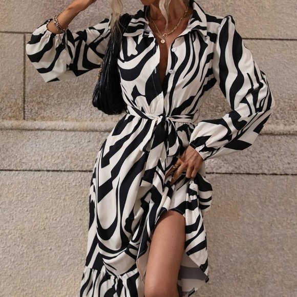zebra print belted ruffle hem shirt dress - Picture 4 of 6